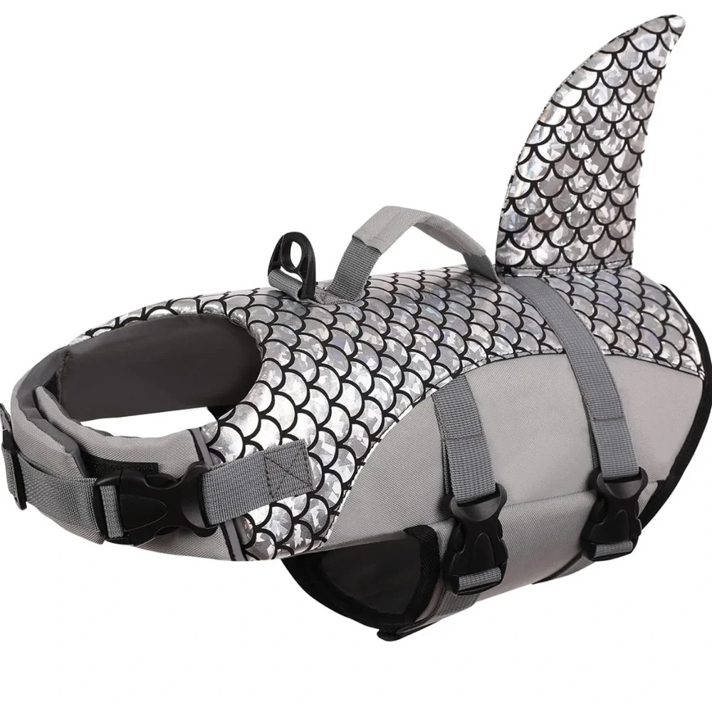 Kouser Dog Life Jacket Life Vest Flotation Device Silver shark new xs